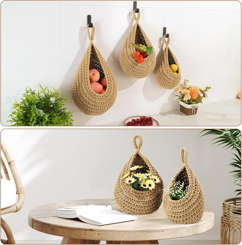 OGOTEZ Wall Hanging Baskets for Organizing - 3 Pack Hanging Fruit Basket with 6 Pcs Strong Hooks, Handwoven Onion Storage Teardrop Home Onion Basket for Fruits Vegetable Potato Kitchen Storage(Light Linen) - Image 5